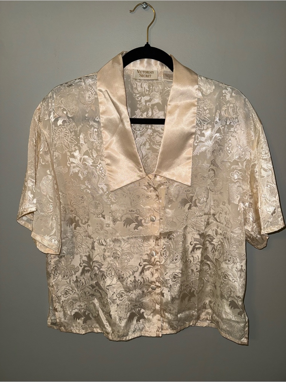 Victoria's Secret s Small Vintage Gold Label Ivory Satin Pajama Top Shirt